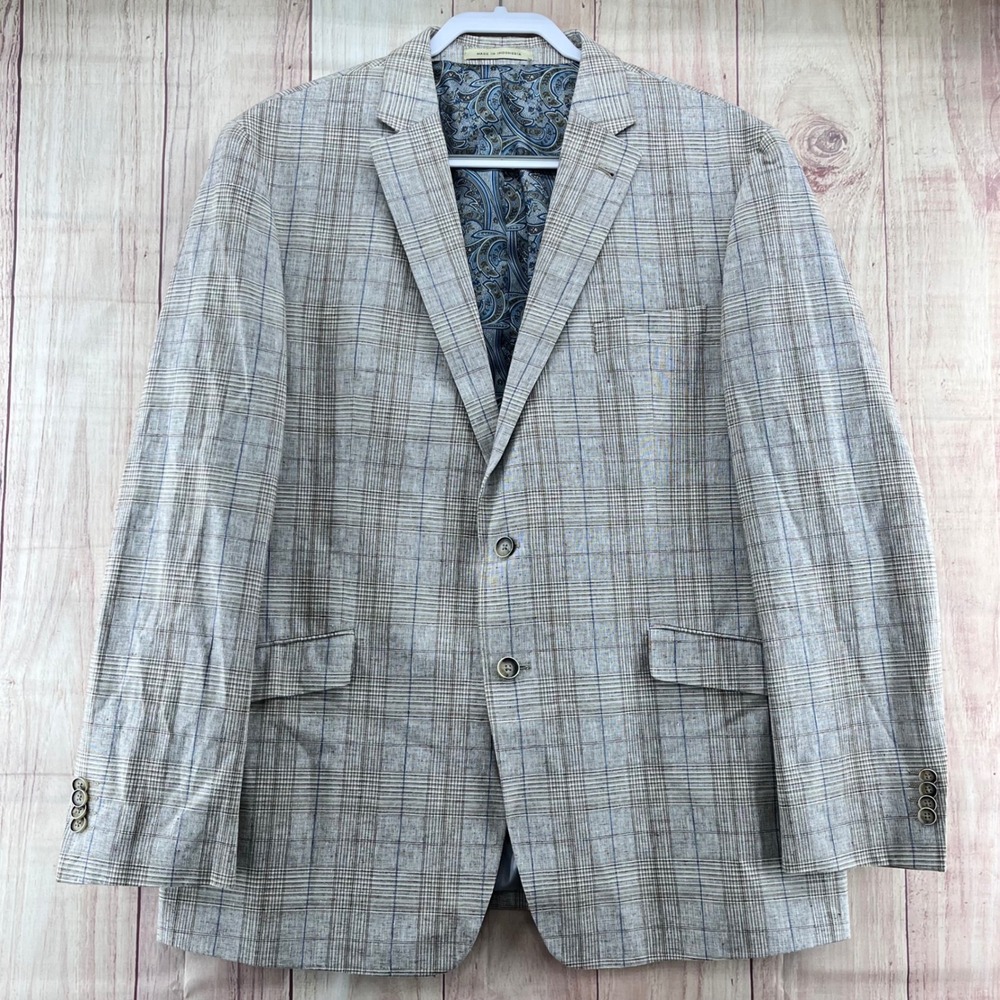 Joseph Abboud JOE Sz 46R Slim Fit Linen Cotton Plaid Sport Coat Blazer Tan‎ Blue
